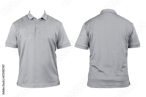 Blank clothing for design. Gray polo shirt, clothing on isolated white background, front and back view, isolated white, plain t-shirt. Mockup. Printable polo shirt design presentation. photo