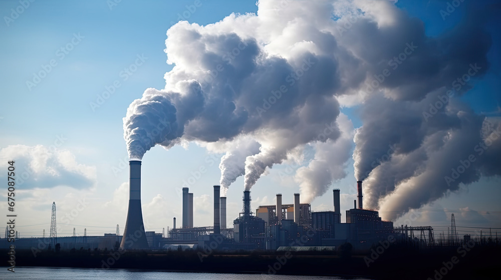 co2, Power plant with smoking chimneys on a background of blue sky.Factories release CO2 into the atmosphere.Concept of carbon trading market.Atmospheric pollution,air pollution concept co2, Power plant with smoking chimneys on a background of blue sky.Factories release CO2 into the atmosphere.Concept of carbon trading market.Atmospheric pollution,air pollution concept