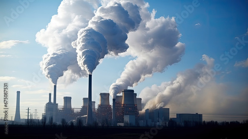 co2, Power plant with smoking chimneys on a background of blue sky.Factories release CO2 into the atmosphere.Concept of carbon trading market.Atmospheric pollution,air pollution concept