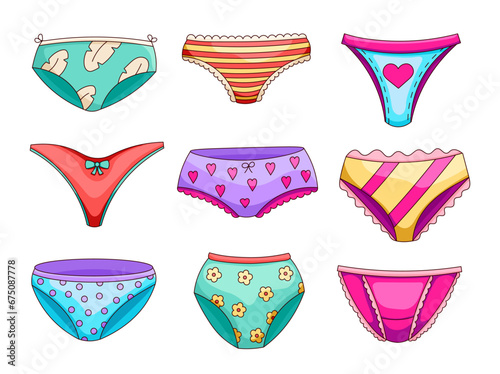 Women lingerie panties. Underwear types string, thong, bikini. Hand drawn style. Vector drawing. Collection of design elements.