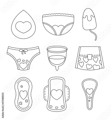 Gynecological feminine hygiene products. Coloring Page. Drop, panties, tampon, menstrual cup, female pad. Hand drawn style. Vector drawing. Collection of design elements.
