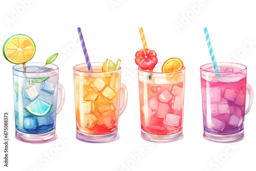 Collection of cute watercolor cocktails drink. Drinks for refreshment and party.