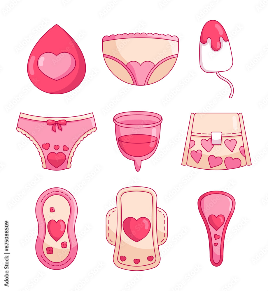 Gynecological feminine hygiene products. Drop, panties, tampon, menstrual cup, female pad. Hand drawn style. Vector drawing. Collection of design elements.