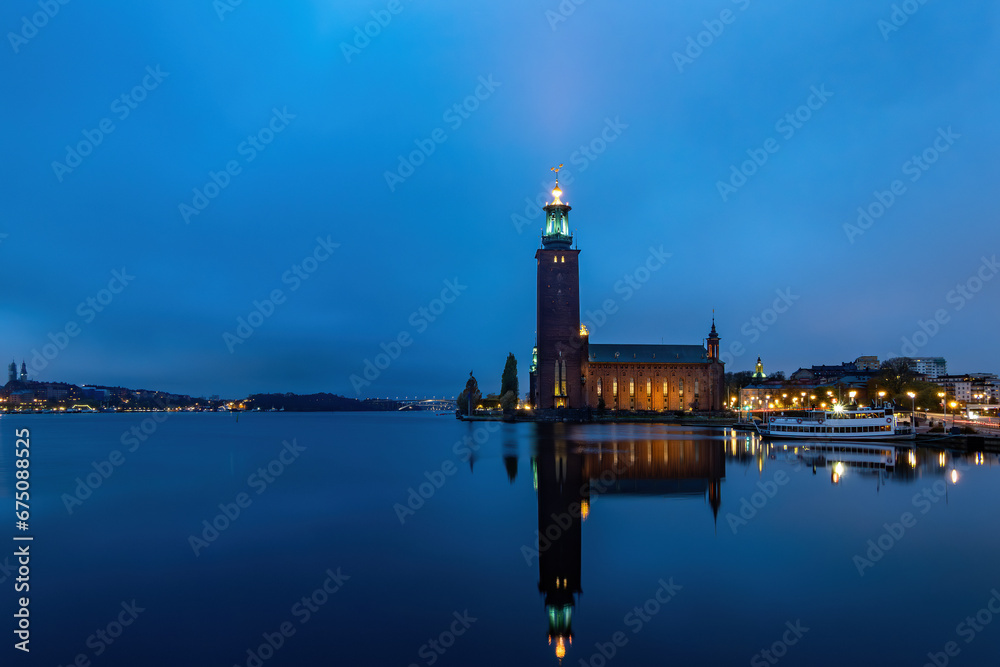 Stockholm, Sweden A view of the Stadshuset or City Hall and the downtown at dawn. Stockholm, Sweden A view of the Stadshuset or City Hall and the downtown at dawn.