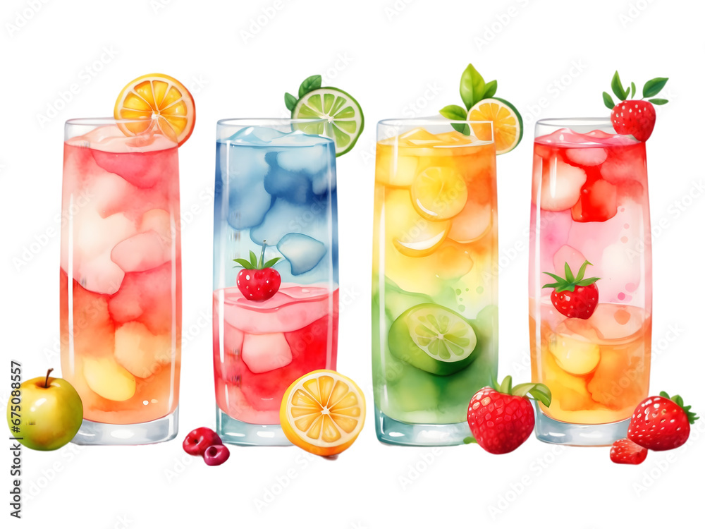 Watercolor set of fruit cocktail drinks. Healthy and refreshment drinks. 