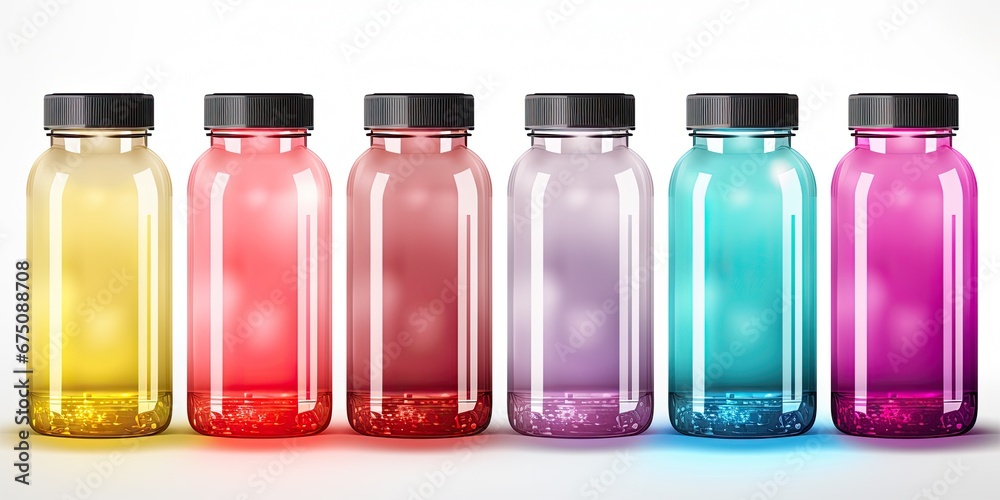 Colorful jars with pills and pills on a white background. Generated by AI. Colorful jars with pills and pills on a white background. Generated by AI.