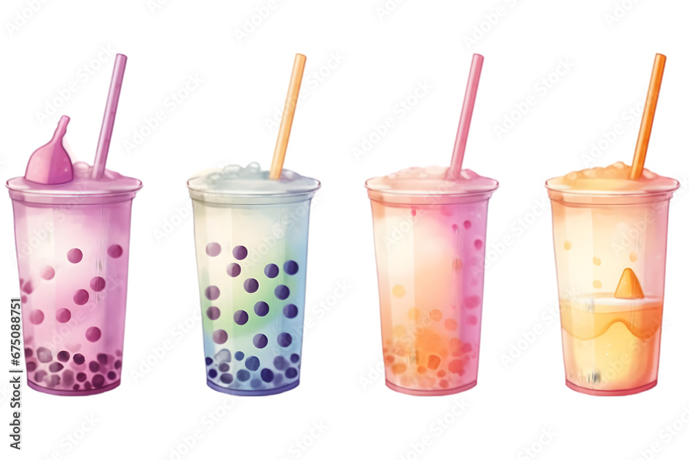 Watercolor set of cute kawaii milk tea and bubble tea. cone. Asian drinks. Set of sweet drinks. Refreshment drinks. Watercolor set of cute kawaii milk tea and bubble tea. cone. Asian drinks. Set of sweet drinks. Refreshment drinks.