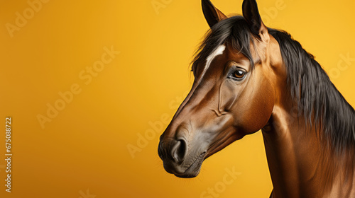 Fototapeta Naklejka Na Ścianę i Meble -  Portrait Of A Strong Brown Horse On A Yellow , Background Image, Hd