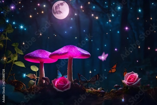 Magical fantasy mushrooms in a fantastical, pink rose flower and butterfly-filled elven forest, shining luminous stars, and moonlight in the night