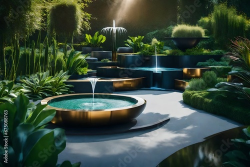 Modern Garden Design with Harmonious Geometry, Thick Vegetation, and Styled Water Fountain © Stone Shoaib