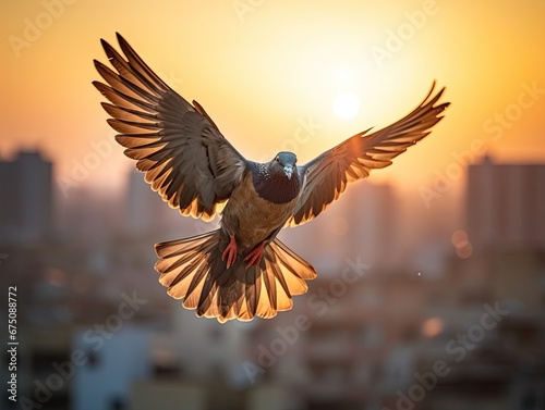 A man and a pigeon in flight against the background of the setting sun.Generated by AI. © index74