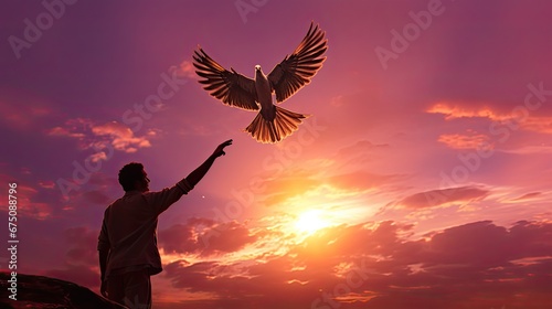 A man and a pigeon in flight against the background of the setting sun.Generated by AI.