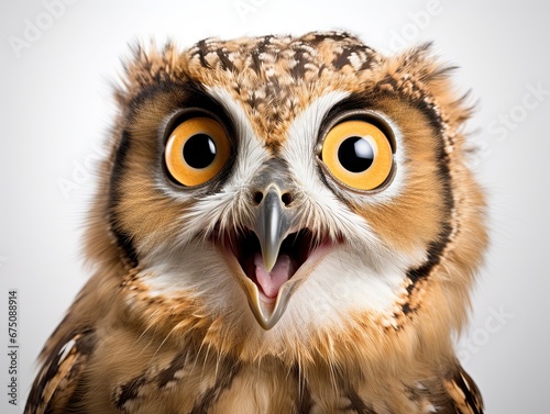 A young owl with big eyes and an open beak looks forward. Generated by AI.