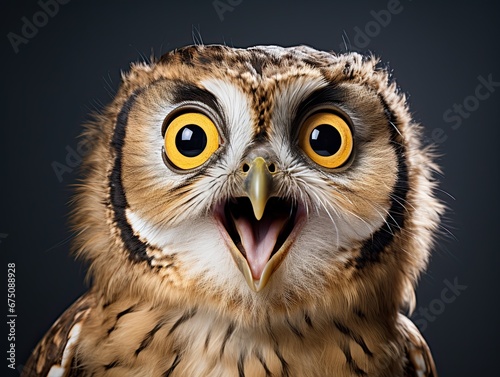 A young owl with big eyes and an open beak looks forward. Generated by AI.