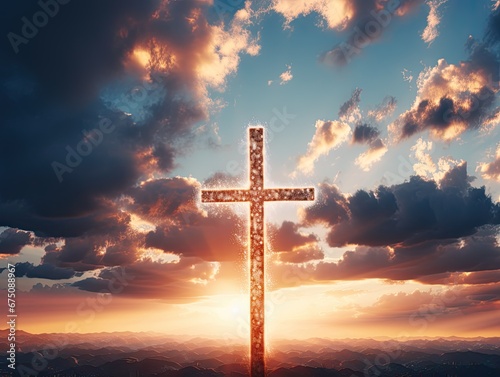 A Christian cross against the background of the rays of the setting sun and clouds. . Generated by AI.