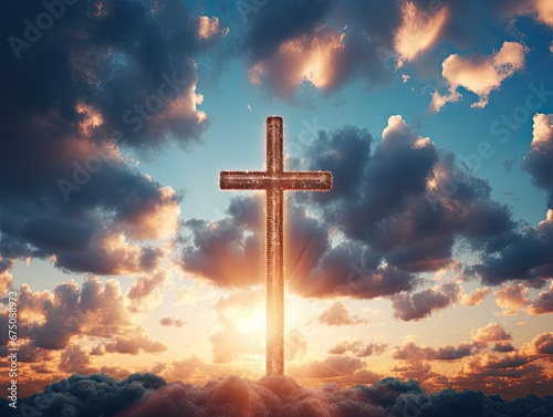A Christian cross against the background of the rays of the setting sun and clouds. . Generated by AI.