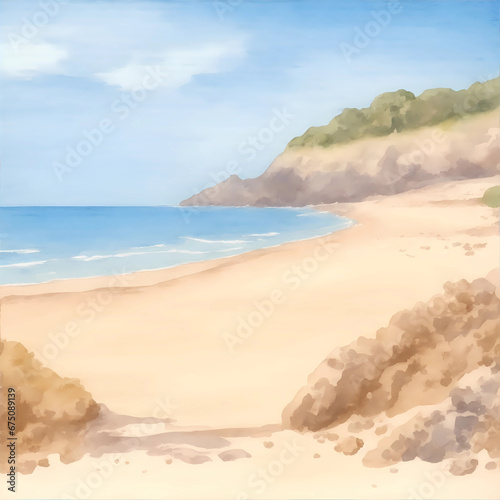 beautiful waterclor illustration of the beach landscape blue sea ans light sky, reracx vacation on seascape. photo