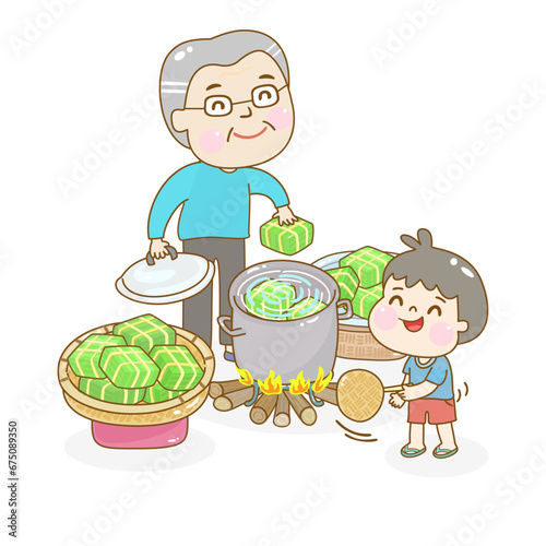 cartoon family make  Vietnam new year food.
