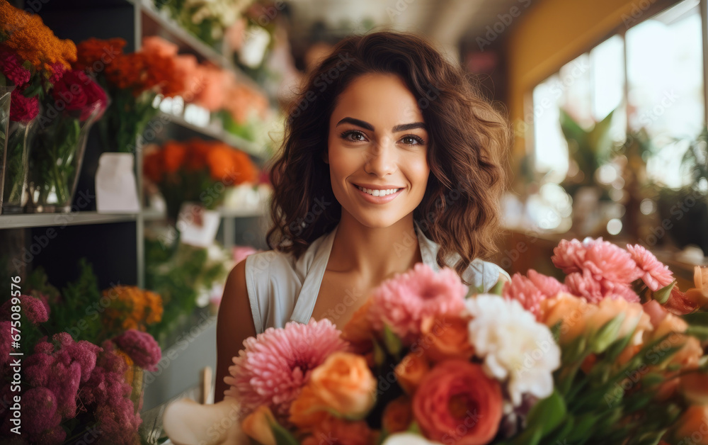 A young beautiful woman sells flowers in a flower shop