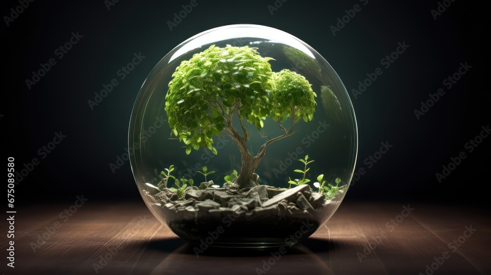 Green Environment in Glass Ball. Environment, green planet and ecology concept.