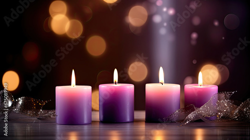 Advent Candles - Four Purple Votive Candlelight In Church With Defocused Abstract Lights on blur background