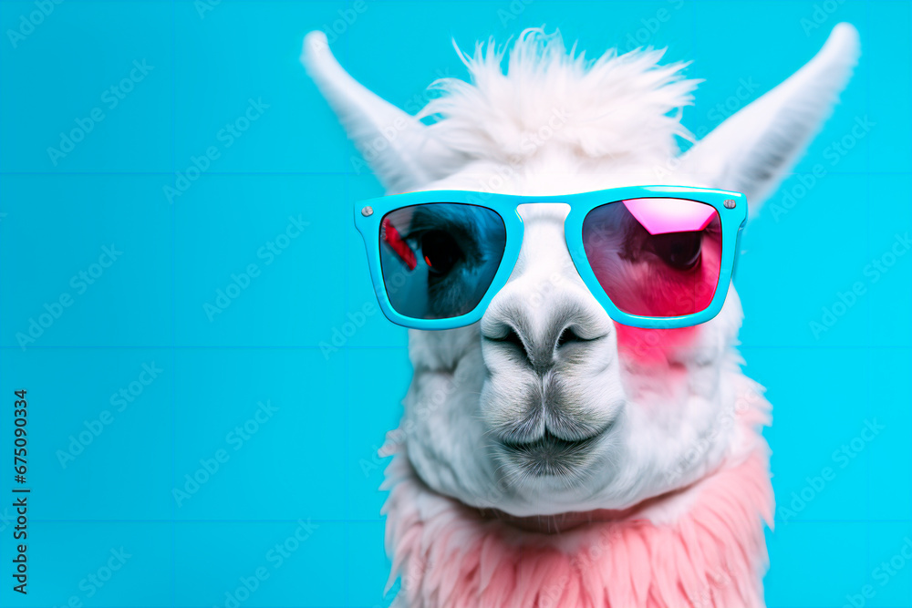 A white llama adds charm with its blue glasses.

