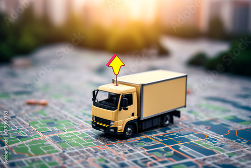 Top-down view of a moving truck with a cargo container tracked via GPS on a map. Bright image. 