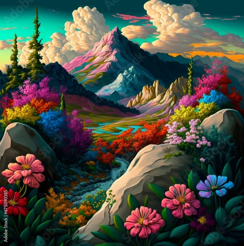 AI-generated illustration of a beautiful fairy field covered in colorful flowers and mountains © Wirestock