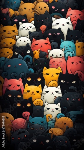Group of cute cats background. Funny cat animal crowd cartoon illustration
