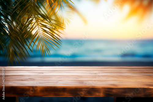 Abstract summer scene  a wooden table by the sea with blurred palm leaves and bokeh lights  creating a tranquil and atmospheric landscape. right image. 