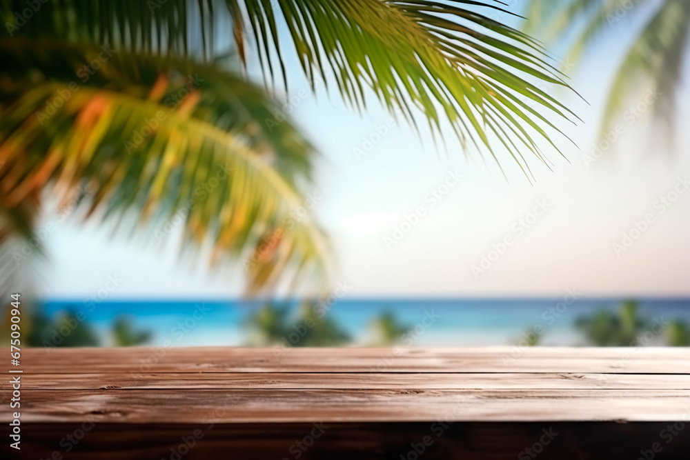 Abstract summer scene: a wooden table by the sea with blurred palm leaves and bokeh lights, creating a tranquil and atmospheric landscape. right image. Abstract summer scene: a wooden table by the sea with blurred palm leaves and bokeh lights, creating a tranquil and atmospheric landscape. right image.