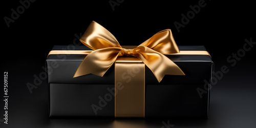 Black gift boxes with gold bow on black background ,Christmas background with luxury black gift box with gold ribbon with generative ai