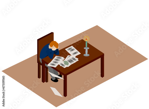 A man sitting with his temples on a table full of documents
