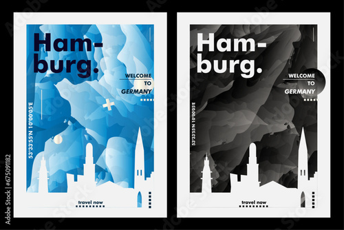 Germany Hamburg city poster pack with abstract skyline, cityscape, landmark and attraction. Saxony travel vector illustration layout set for vertical brochure, website, flyer, presentation