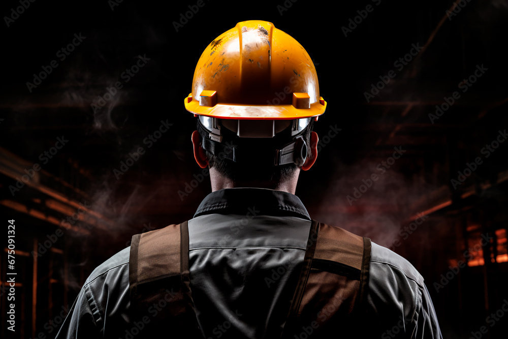 Fototapeta premium Close-up rear view of a construction worker in a safety helmet. Bright and focused image. 
