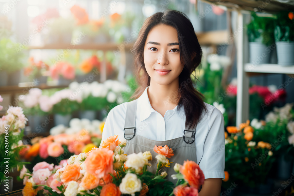 Bright image of a young Asian female florist and gardener posing in a greenhouse, embodying a small business owner in a charming flower shop. Bright image. 