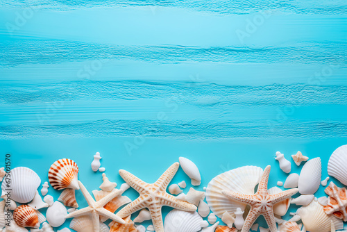 Coastal concept with seashells and starfish arranged on a blue wooden background, capturing the essence of a beach scene. 