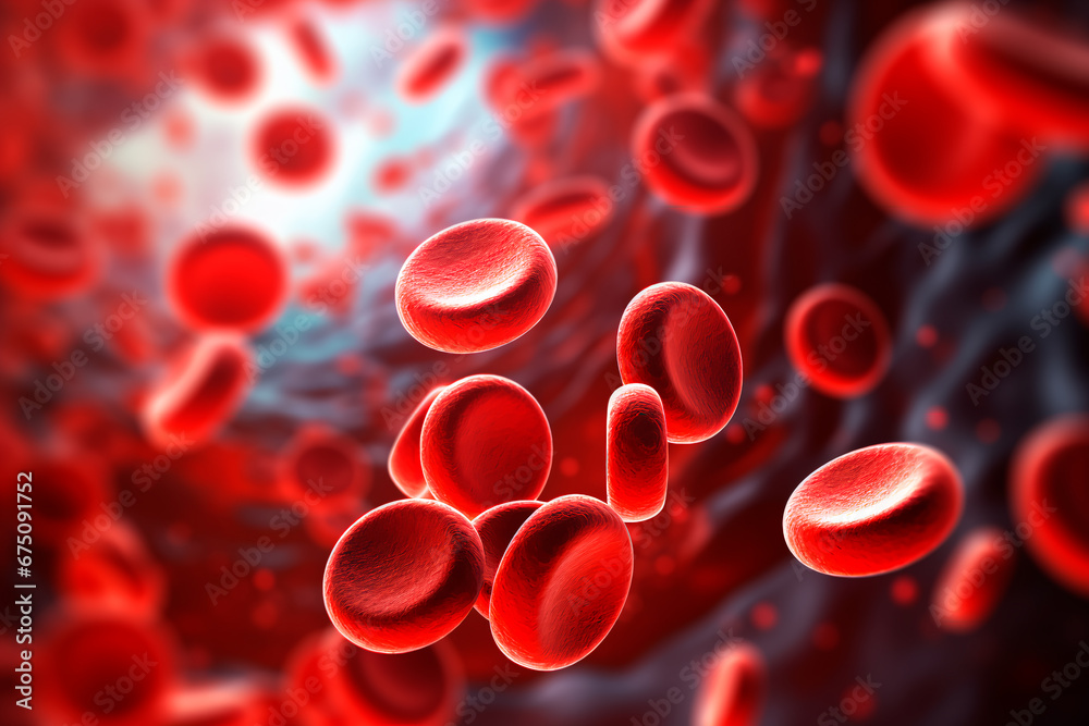 3D render depicting red blood cells in a vein with depth of field, showcasing the directional flow within a blood vessel. Bright image. 