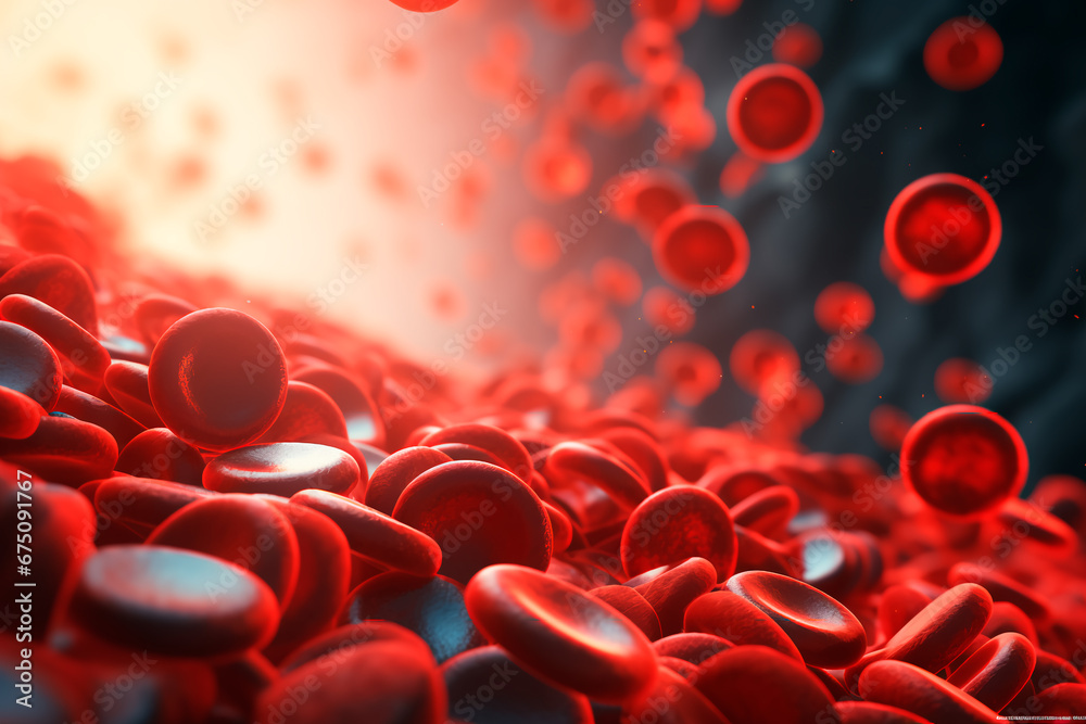 3D render depicting red blood cells in a vein with depth of field ...