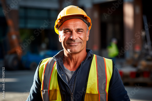A middle-aged or older man working on a construction site, wearing a hard hat and work vest, with a smirking expression. Bright image.  photo