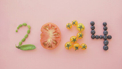2024 made from healthy food, New year health resolution, diet goal plan and lifestyle wellness concept