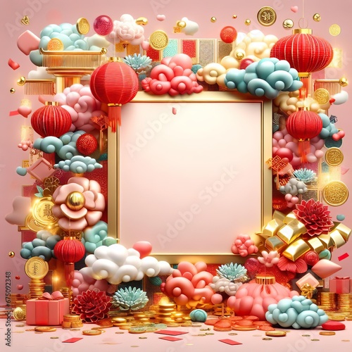 Chinese Luxury Frame 3d style Pastel color background with realistic Chinese lunar new year ornaments on blank frame with light effect, money decorations and bokeh with blank copy space, Chinese style