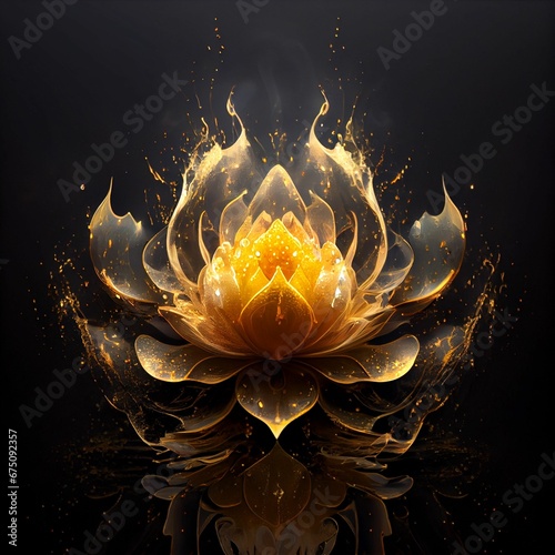 AI-generated illustration of a lotus flower, covered by raindrops and illuminated by sunlight