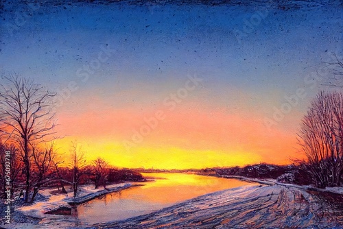 AI generated illustration of a frozen lake and snowy ground with leafless trees at sunset