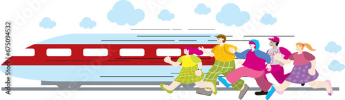 GROUP OF LATE PEOPLE RUN FAST TO CATH THE TRAIN