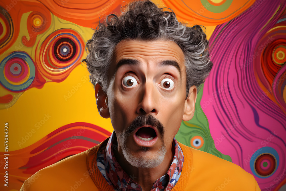 Surprised senior Latin American man on colorful background. Neural network generated image. Not based on any actual person or scene.