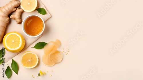 Ginger tea. Cup of ginger tea with lemon, honey and mint on beige background. Concept alternative medicine, natural homemade remedy for cold and flu. Top view. Free space for your text.