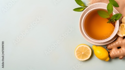 Ginger tea. Cup of ginger tea with lemon, honey and mint on beige background. Concept alternative medicine, natural homemade remedy for cold and flu. Top view. Free space for your text.
