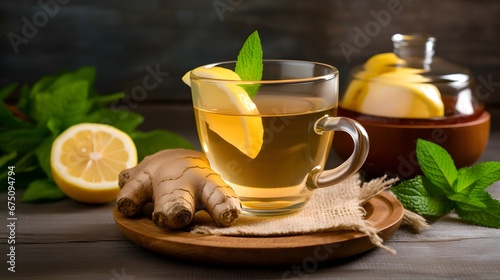 Ginger tea. Cup of ginger tea with lemon, honey and mint on beige background. Concept alternative medicine, natural homemade remedy for cold and flu. Top view. Free space for your text.