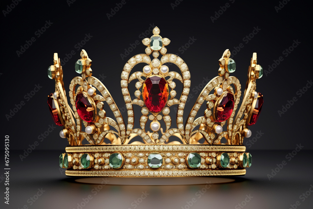 3d royal golden crown with red and green diamonds on isolated background. Textured king gold crown. 3d rendering illustration 3d royal golden crown with red and green diamonds on isolated background. Textured king gold crown. 3d rendering illustration